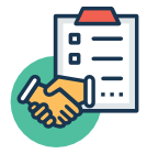 A picture of two people shaking hands next to a clipboard.